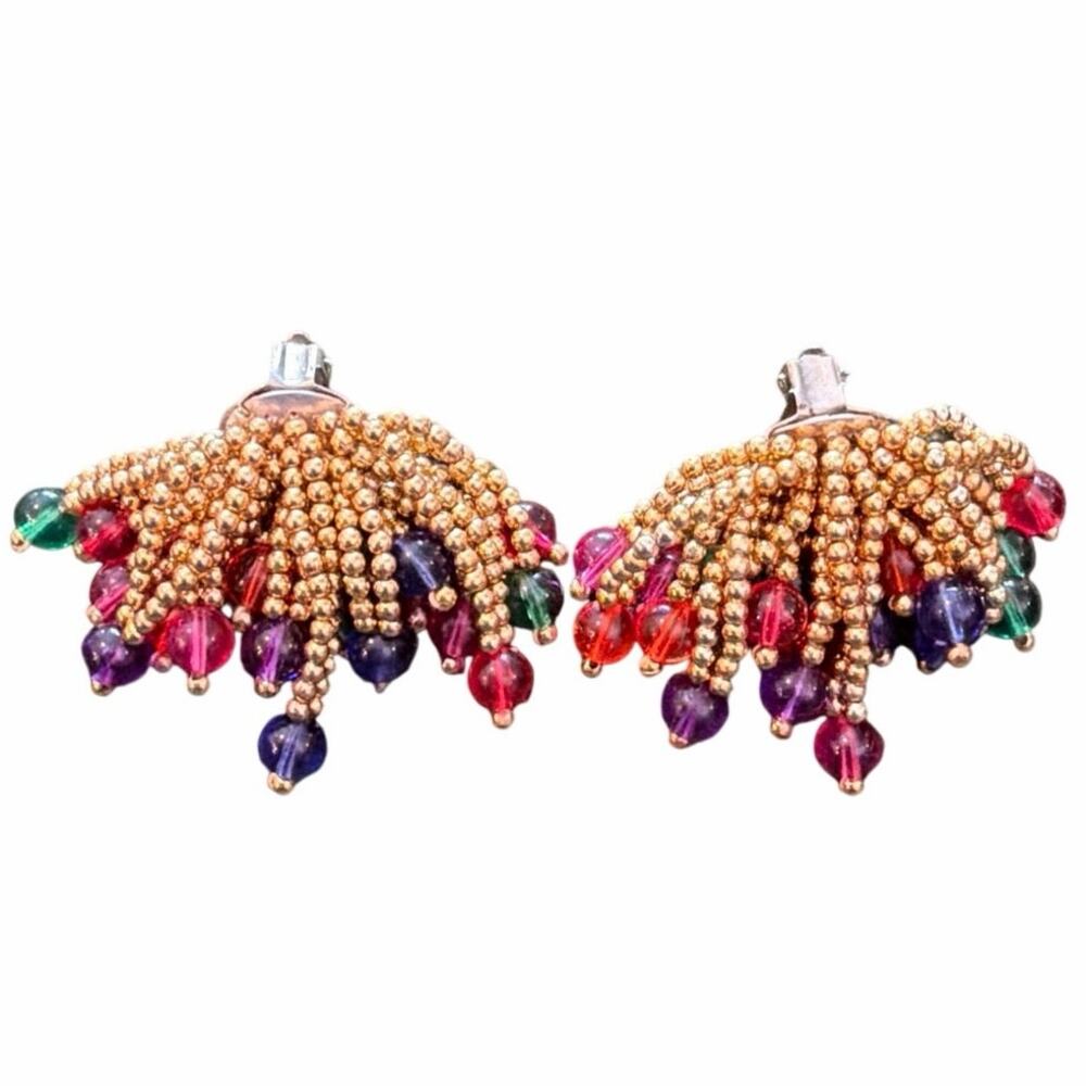 Vintage Gold tone Dangle red Blue Gold Beads Clip-On Earrings
